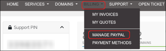 Customer Portal - Billing - Manage PayPal menu