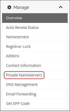 Customer Portal - Domains - Manage sidebar - Private Nameservers