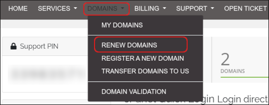 Customer Portal - Domains - Renew Domains menu