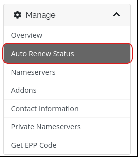 Customer Portal - Domains - Manage sidebar - Auto Renew Status