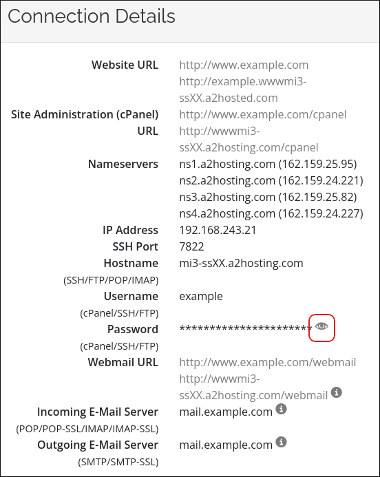 Customer Portal - Shared Hosting - Connection Details page