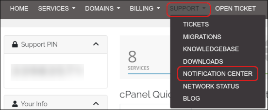 Customer Portal - Support - Notification center menu