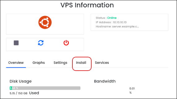Customer Portal - VPS Information - Install tab