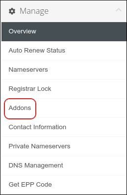 Customer Portal - Domains - Addons sidebar menu