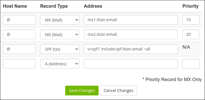 Customer Portal - Domains - Titan Email DNS records