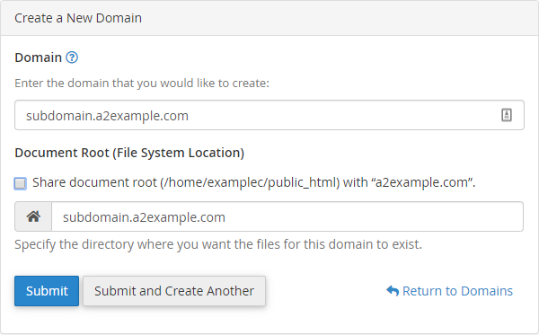 Kaip naudoti „cPanel Domains“ įrankį kb domains create subdomain