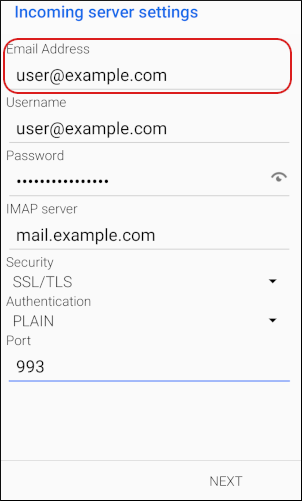 BlueMail - Incoming server settings - Email Address
