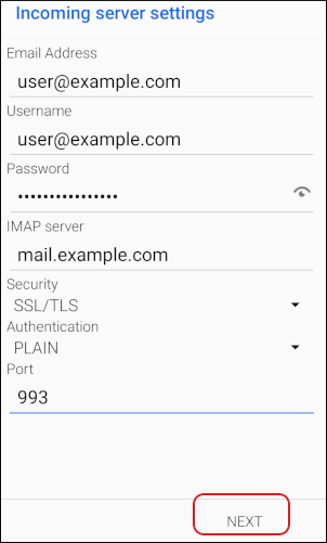 BlueMail - Incoming server settings - Next