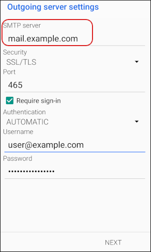 BlueMail - Outgoing server settings - SMTP server
