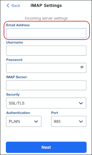 BlueMail - IMAP Settings - Email Address