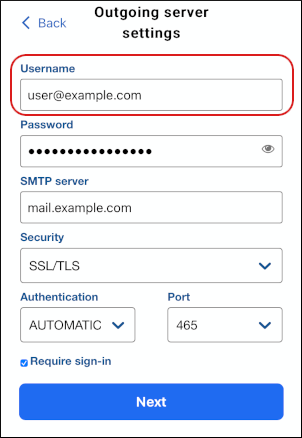 BlueMail - SMTP - Username