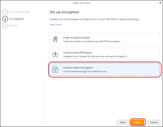 eM Client - Set up account - Encryption