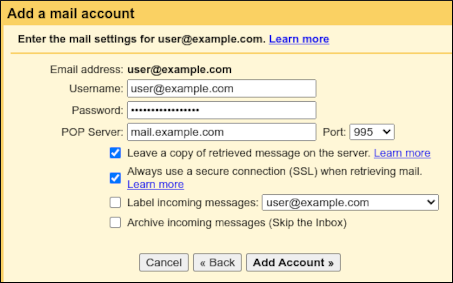 Gmail - Settings - Add a mail account - Mail settings