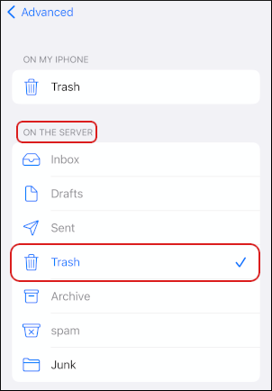iOS - Mail - Accounts - IMAP - Deleted Mailbox settings