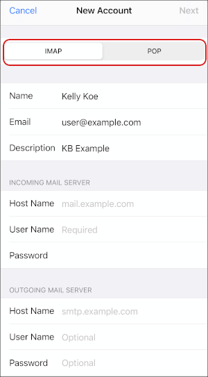 iOS - Mail - Add Mail Account - IMAP or POP