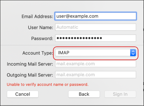 macOS - Mail - Select account type