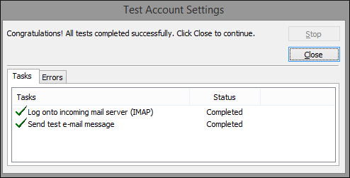 Outlook - Add Account - Tests completed successfully
