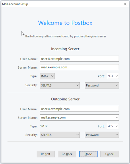 Postbox - Mail Account Setup - Server settings