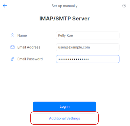 Spark Mail - IMAP/SMTP Server section - Additional Settings button