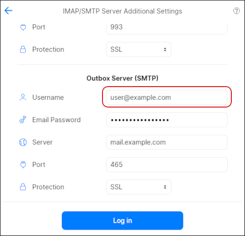 Spark Mail - Additional Settings section - Outbox Server (SMTP)