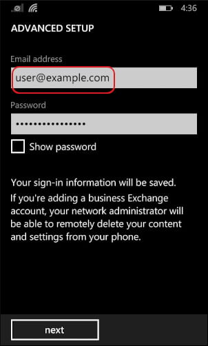 Windows Phone - add account - advanced setup - email address