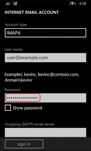 Windows Phone - add account - advanced setup - Password