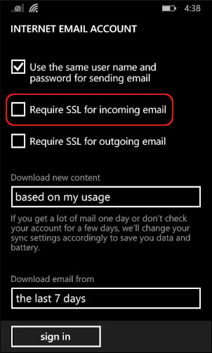 Windows Phone - add account - advanced setup - Require SSL