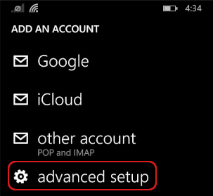 Windows Phone - add account - advanced setup