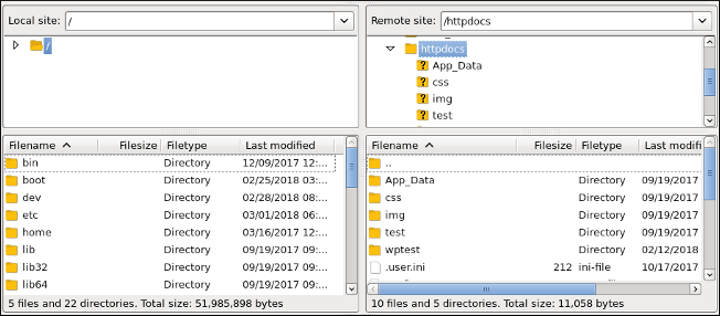 Как использовать FTP с учетными записями хостинга Linux kb filezilla local remote panes