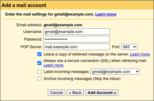 Gmail - Settings - Add a mail account - Username