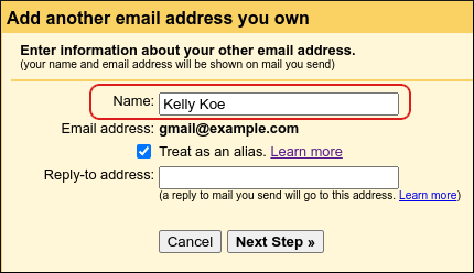 Gmail - Settings - Add a mail account - Display name