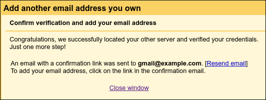 Gmail - Settings - Add a mail account - Success message