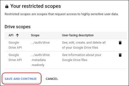 Google Cloud Console - Scopes - Save and continue