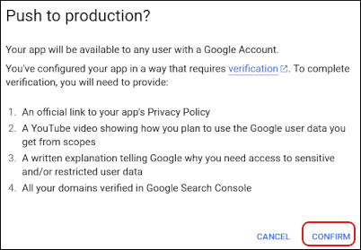 Google Cloud Console - Push to Production confirmation