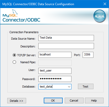 Dialog box for MySQL Connector/ODBC Data Source Configuration
