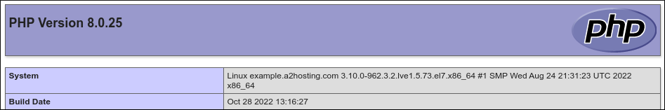 phpinfo() output showing the currently loaded PHP version.