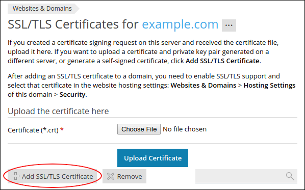Plesk - SSL/TLS Certificates page - Add SSL/TLS Certificate