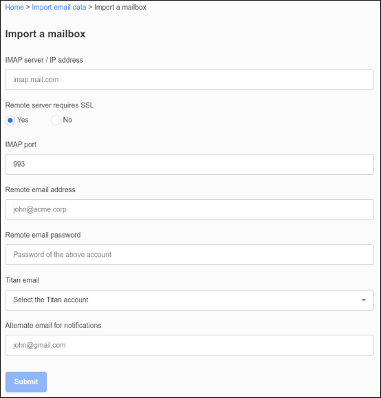 Customer Portal - Import a mailbox dialog