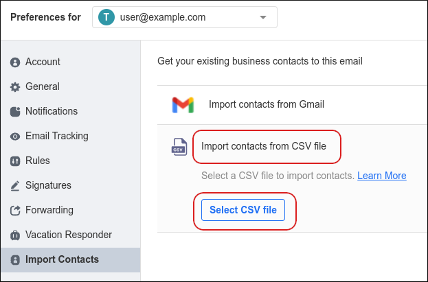Webmail - Import Contacts - CSV file