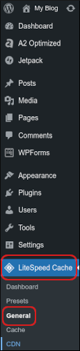 WordPress - sidebar - LiteSpeed Cache - General