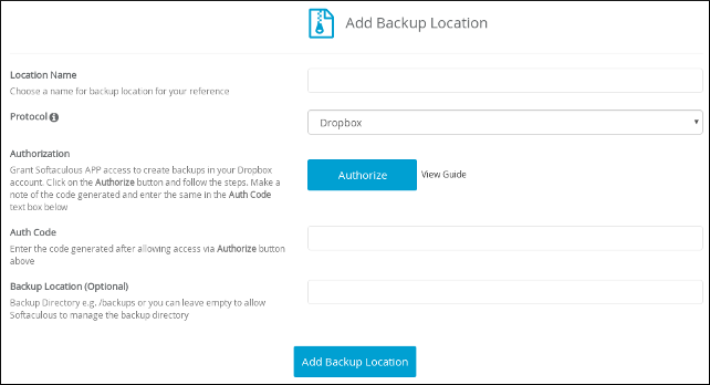 Softaculous - Dropbox - Add Backup Location page
