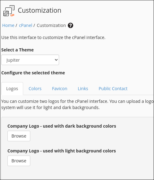 WHM - cPanel Customization page - Logos tab