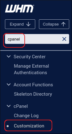 WHM - sidebar - cPanel customization