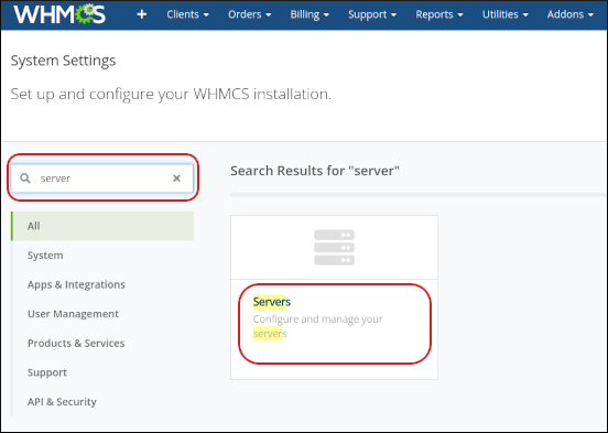 WHMCS - Search box - Server
