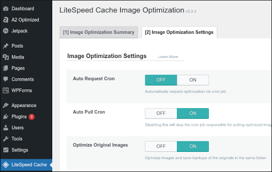 WordPress - Image Optimization Settings list