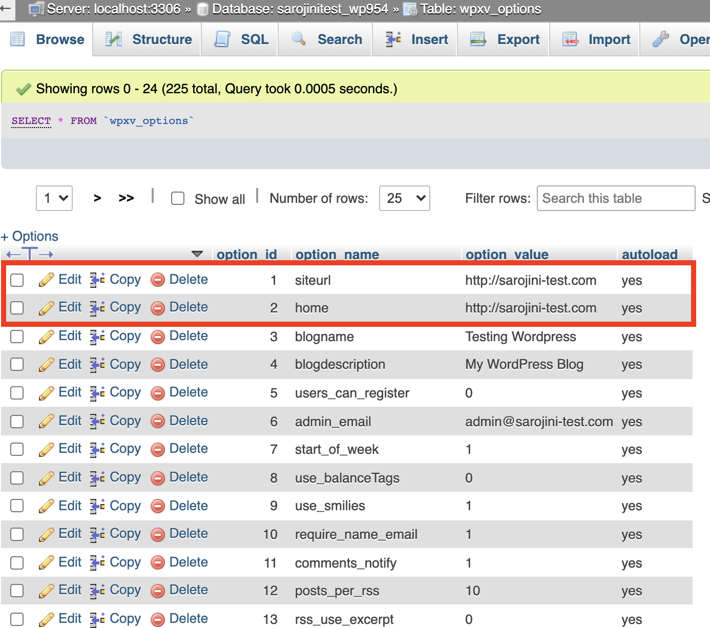 phpMyAdmin - Edit siteurl value